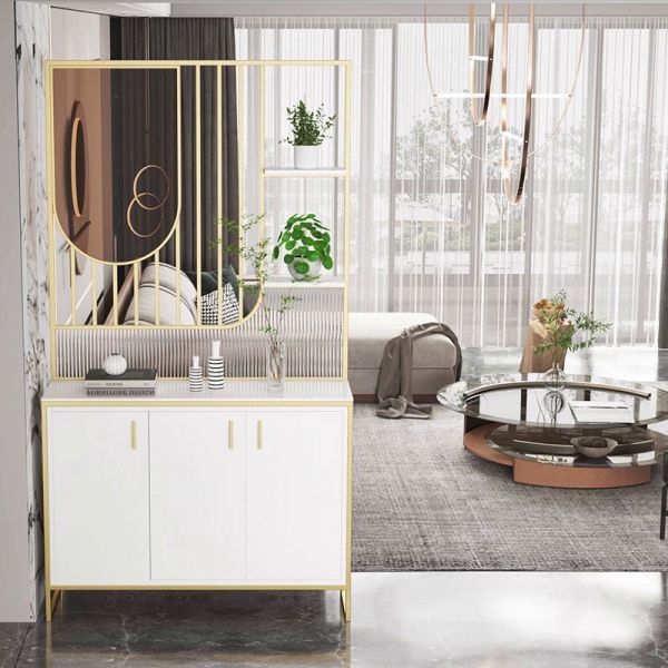 Room Divider Storage Cabinet Ring Motif Ribbed Glass White Screen