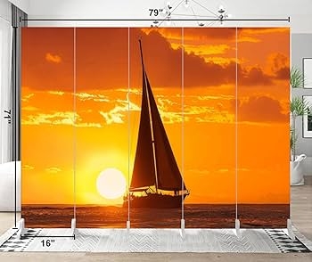 Room Divider Sunset Mural Folding Screen Nautical Art Vibrant Colors