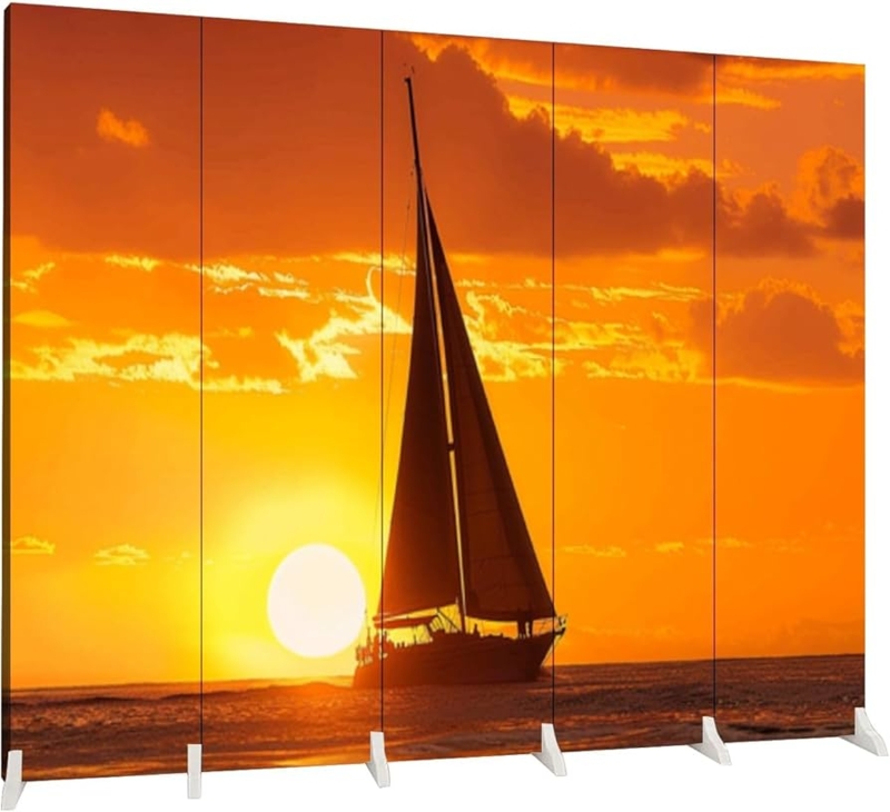 Room Divider Sunset Sailboat Graphic Folding Screen Tropical Nautical