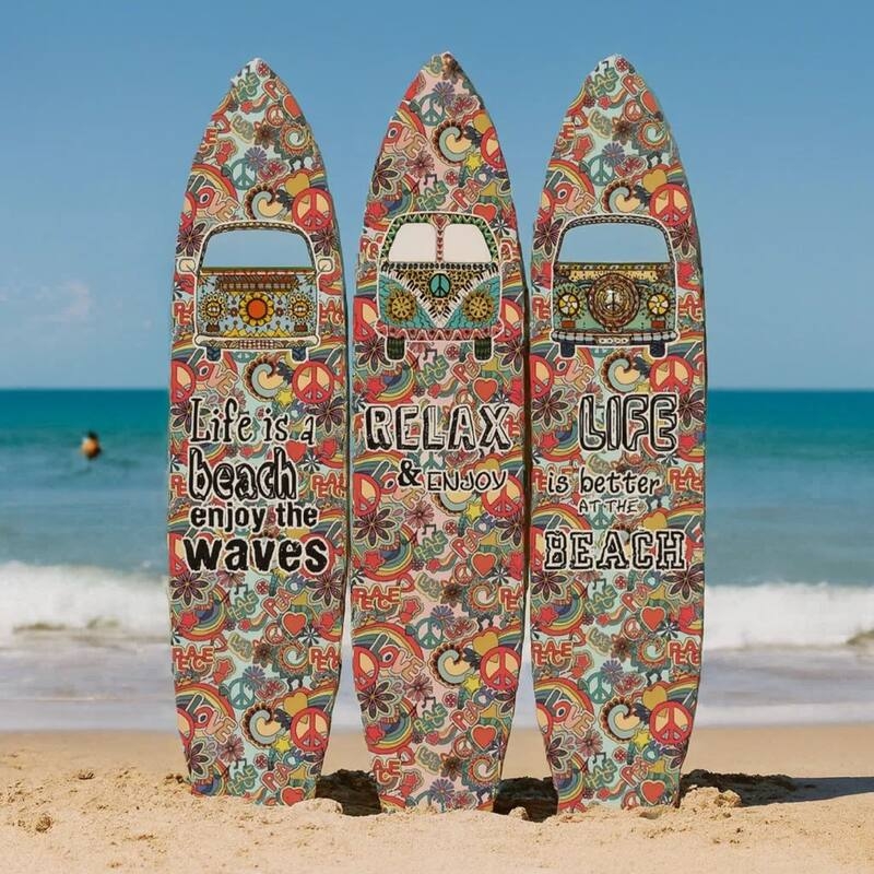 Room Divider Surfboard Shape Flower Power Graphics 3-Panel Screen Retro