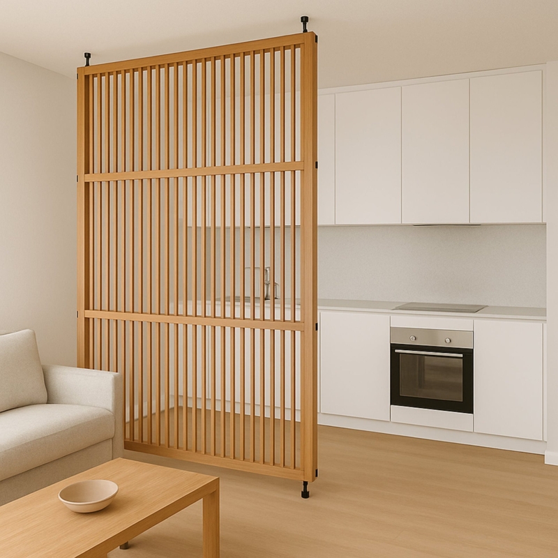 Room Divider Tension Mounted Wood Slat Screen Natural Finish