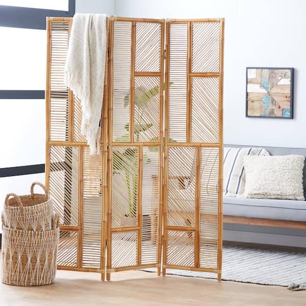 Room Divider Three-Panel Diagonal Slats Geometric Boho Partition Screen