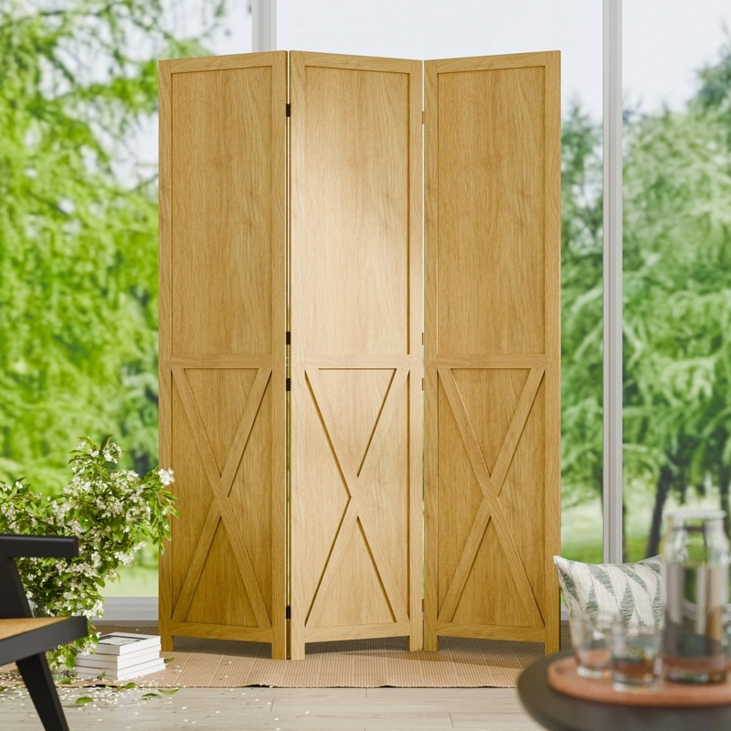 Room Divider, Three Panel Folding Screen Barnwood Look X-Brace Design