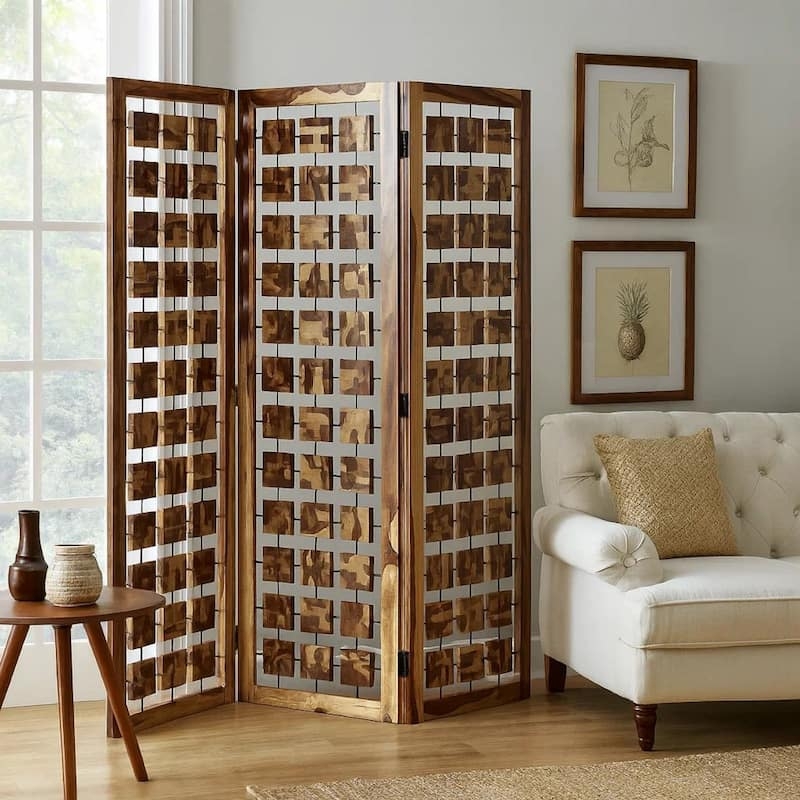 Room Divider Three-Panel Geometric Square Blocks Modern Rustic Screen