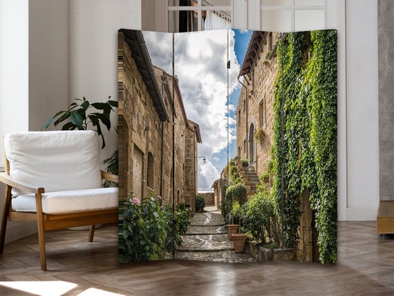 Room Divider Three Panel Tuscan Landscape with Vine Covered Wall