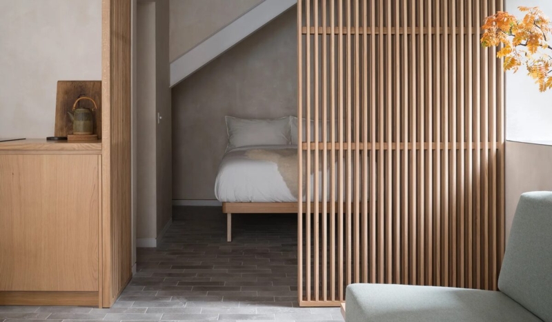 Room Divider, Timber Slat Partition, Japandi, Minimalist Studio Zoning