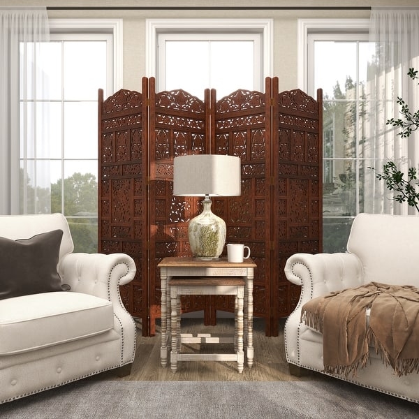 Room Divider, Traditional Floral Carved Folding Screen Wood Tone