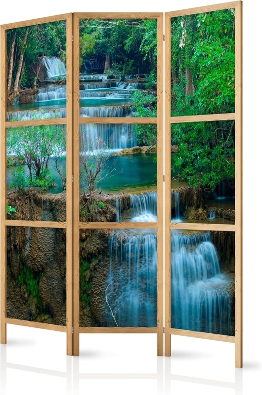 Room Divider Tropical Waterfall Print Light Wood Frame Folding Screen