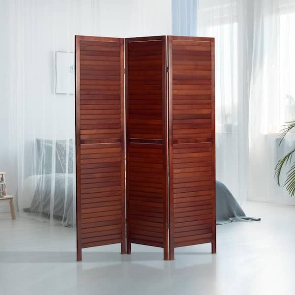 Room Divider, Walnut Brown Louvered Slats Three Panel Folding Screen