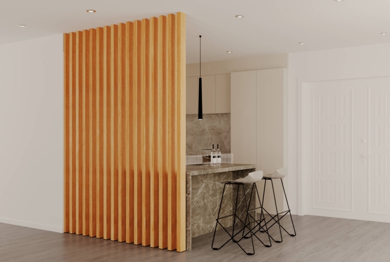 Room Divider Walnut Slats Minimalist Kitchen Dining Separation
