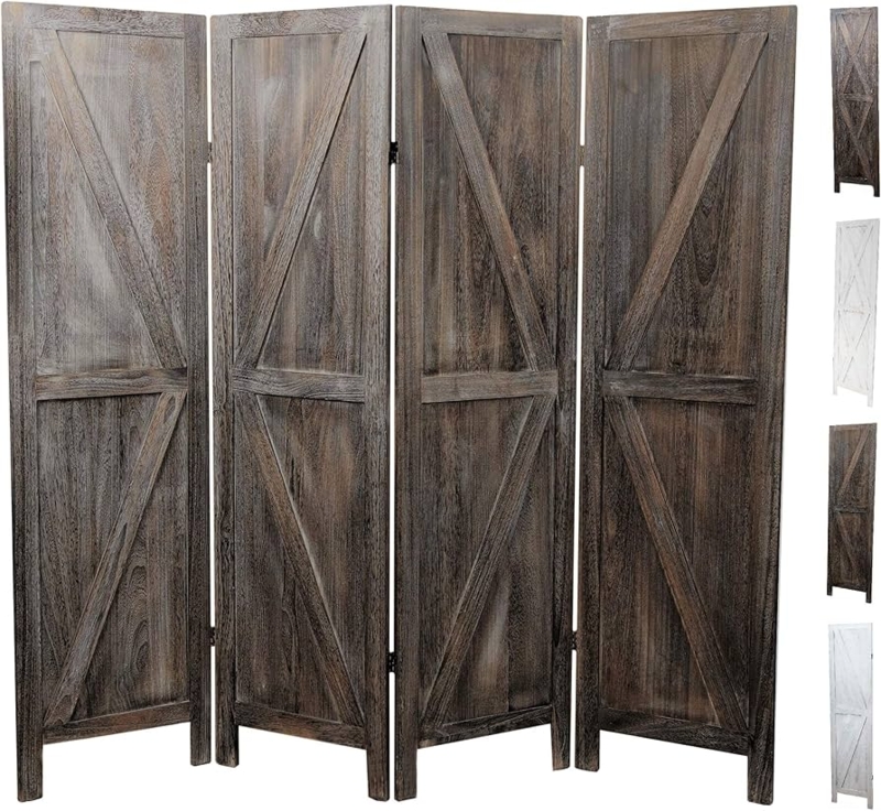 Room Divider, Weathered Brown K-Pattern Barn Door Privacy Screen