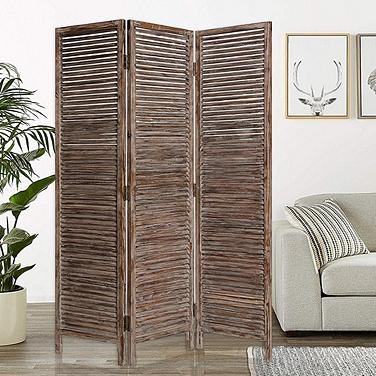 Room Divider Weathered Brown Louvered Wood Folding Screen