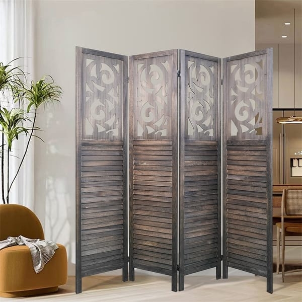 Room Divider Weathered Grey Scrollwork Top Louvered Base Rustic Screen