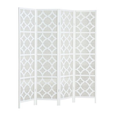 Room Divider: White 4-Panel Folding Screen featuring Quatrefoil Geometric Design