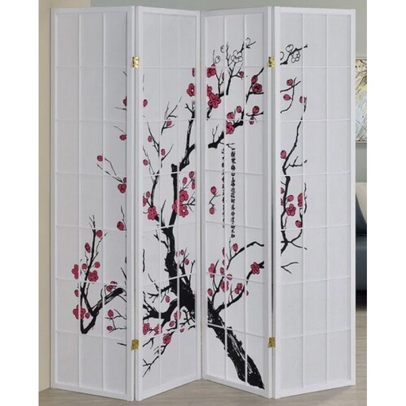 Room Divider: White 4-Panel Folding Shoji Screen Plum Blossom Print