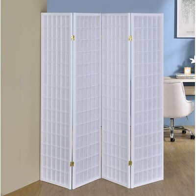 Room Divider: White 4-Panel Shoji Screen featuring Rectangular Grid Design