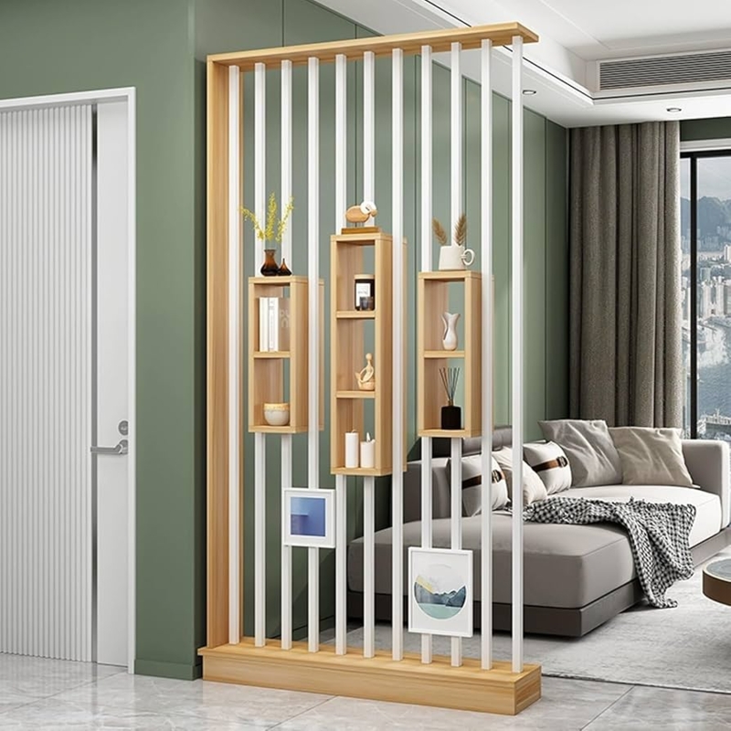 Room Divider White And Wood Slat Screen, Integrated Cubby Shelving
