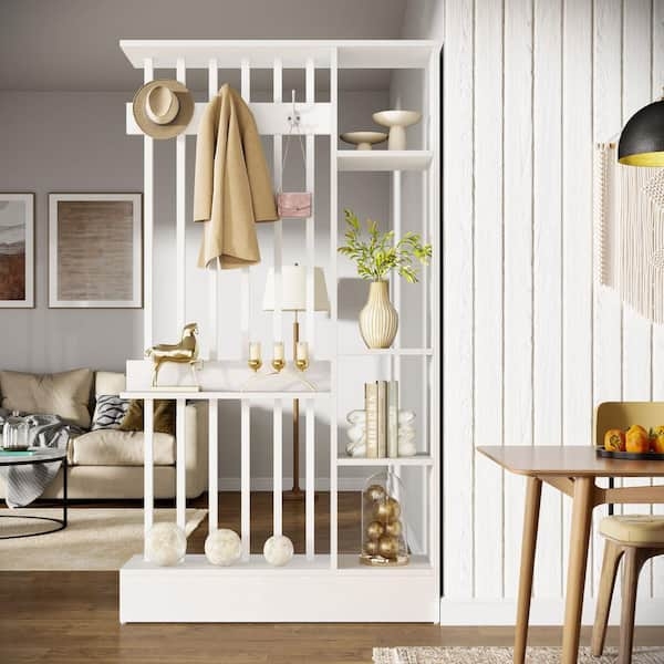 Room Divider White Freestanding Slat Screen, Integrated Hooks