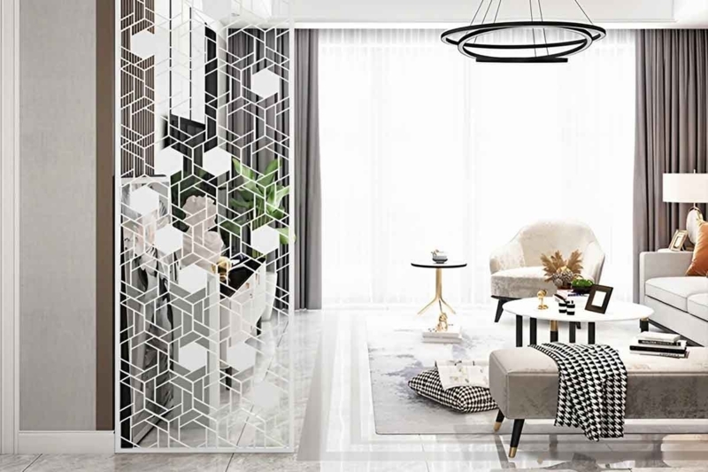 Room Divider White Laser Cut Hexagonal Geometric Pattern Screen
