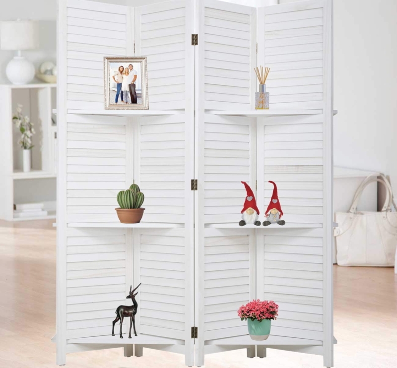 Room Divider White Louvered 4-Panel Privacy Screen with Shelves
