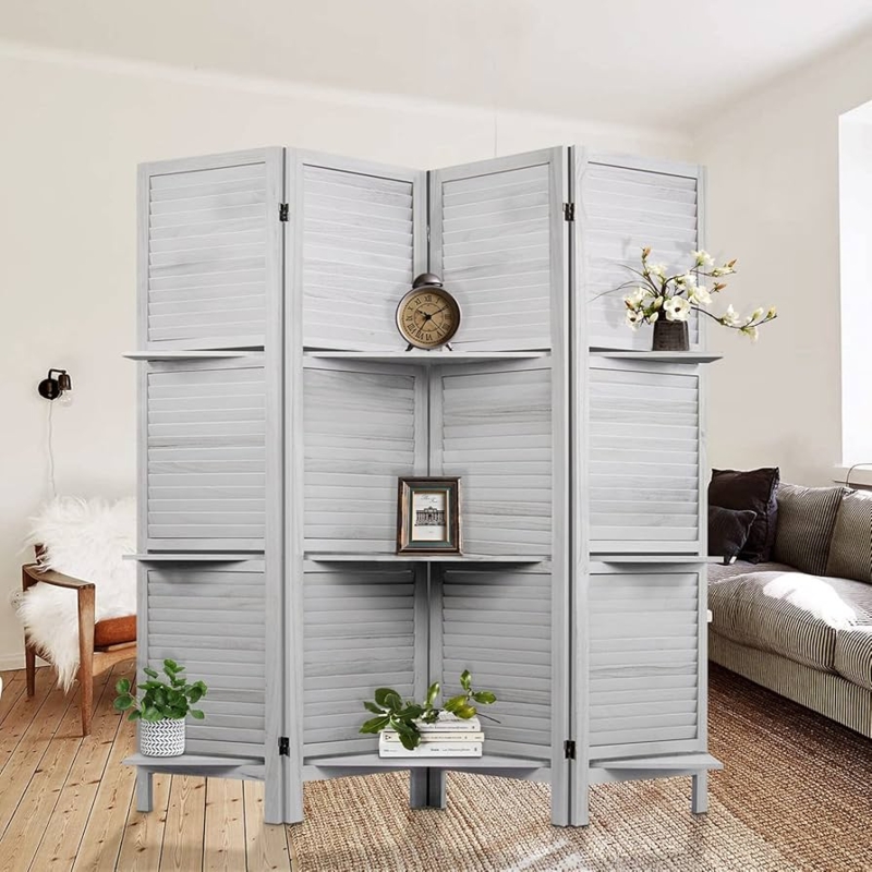 Room Divider Whitewashed 4-Panel Privacy Screen with Shelves