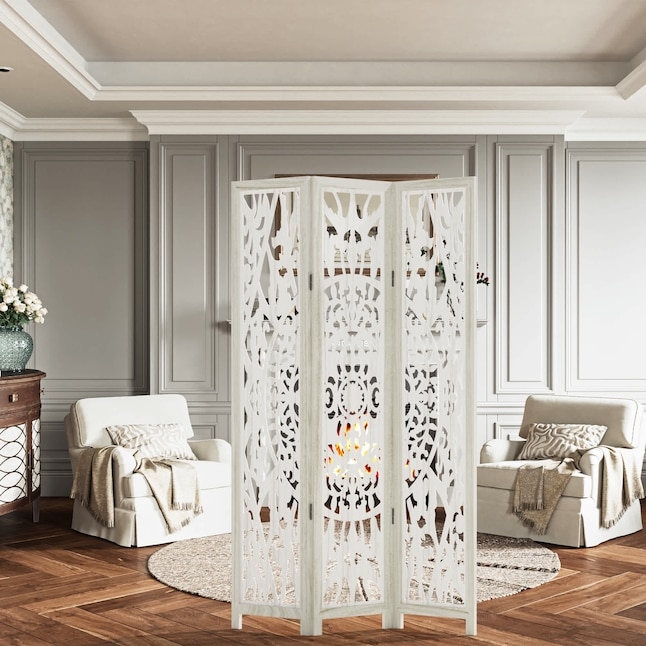 Room Divider Whitewashed Carved Mandala Folding Screen