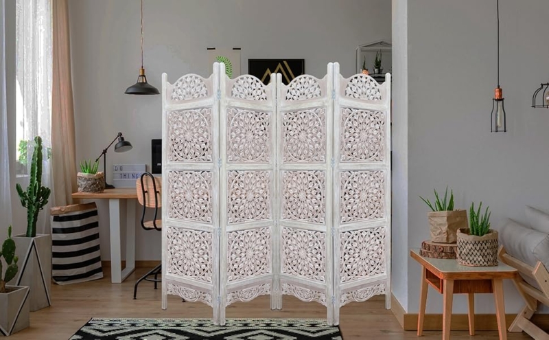 Room Divider Whitewashed Carved Medallion Boho Openwork Folding Screen