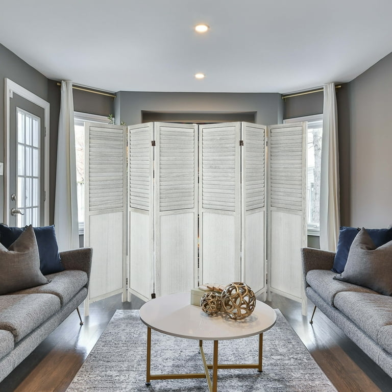 Room Divider Whitewashed Finish 6 Panel Louvered Slats Recessed Panels