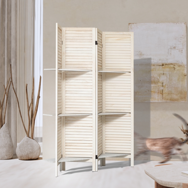 Room Divider Whitewashed Integrated Shelves Louvered Folding Screen