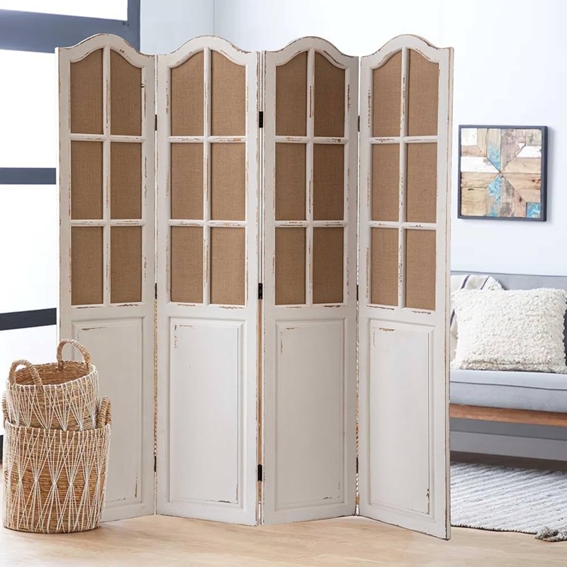 Room Divider Windowpane Fabric Arched Top Whitewashed Farmhouse