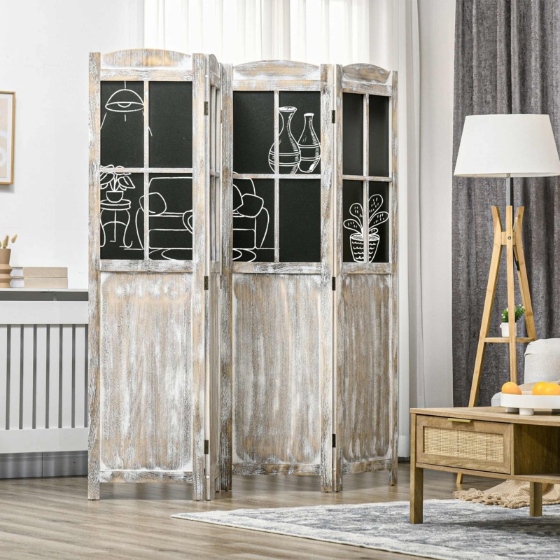 Room Divider with Chalkboard Panels, Whitewashed Farmhouse Screen