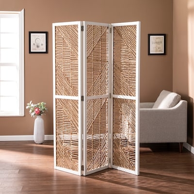 Room Divider with Chevron Weave. White Frame Natural Fiber Partition.