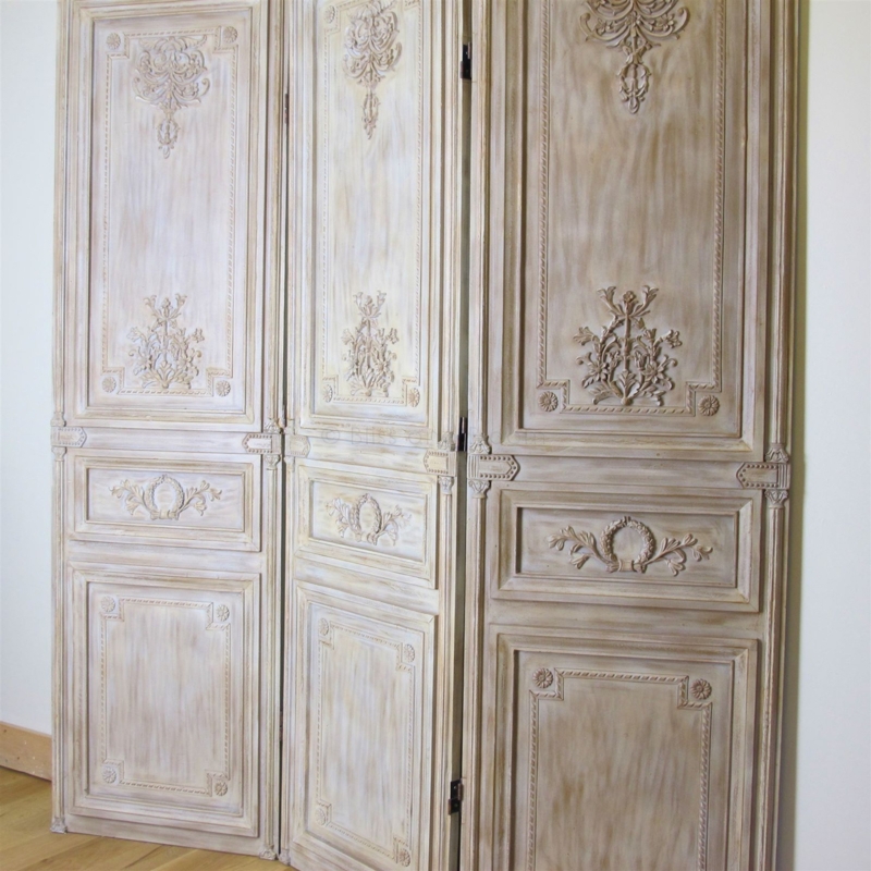 Room Divider with Lime Wash Finish and Ornate Floral Carvings