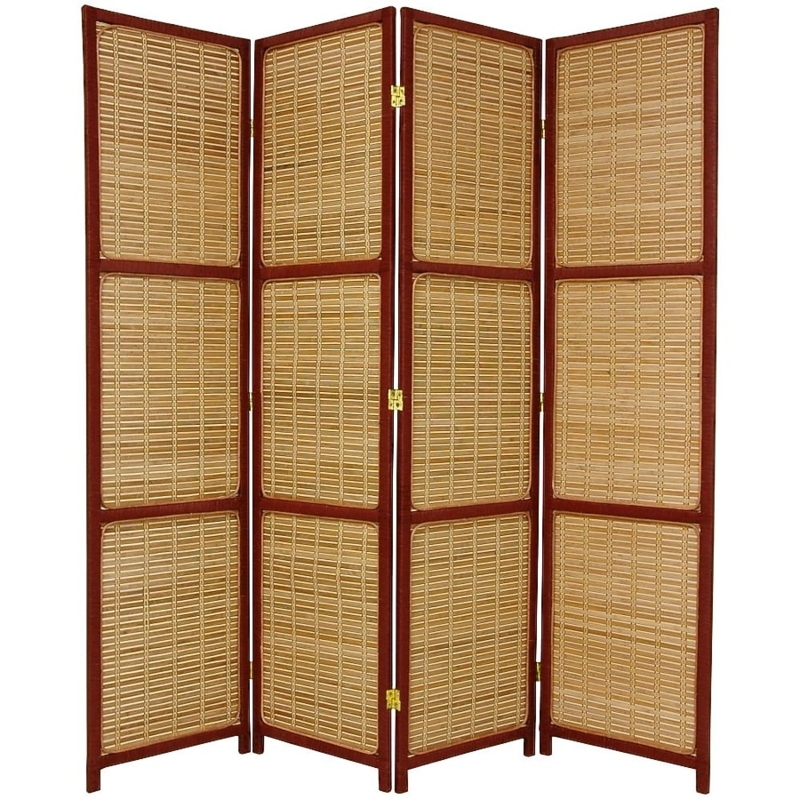 Room Divider with Reddish Brown Frame. Woven Bamboo Privacy Screen.