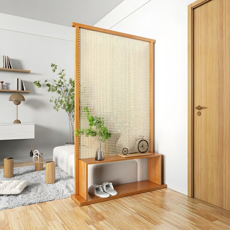 Room Divider with Shelf Minimalist Pine Frame Square Mesh Screen