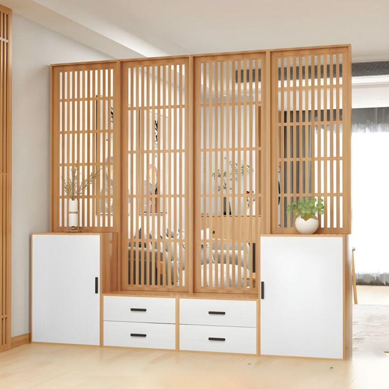 Room Divider with Slatted Screens, Integrated Storage Base
