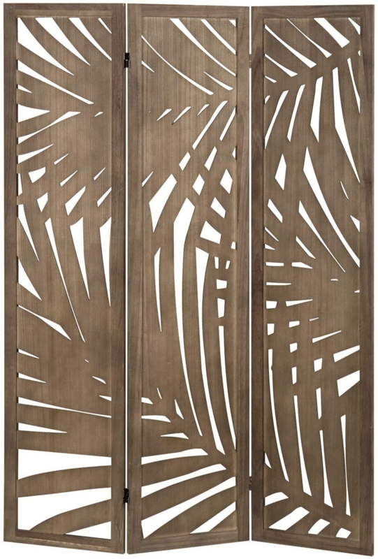 Room Divider Wood Toned Tropical Palm Leaf Cutout Folding Screen