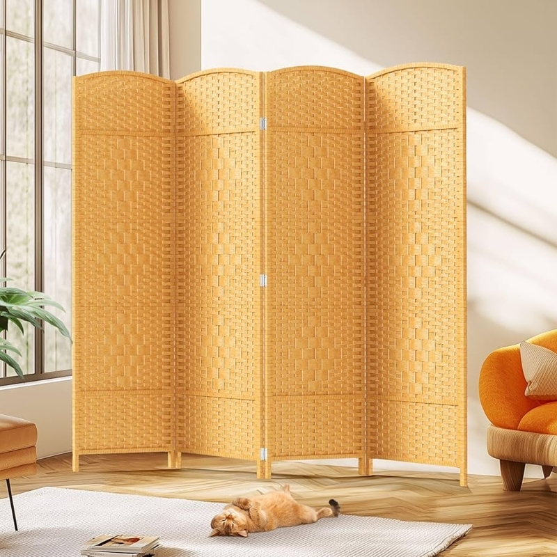 Room Divider Woven 4 Panel Arched Top Honey Wood Tone Boho