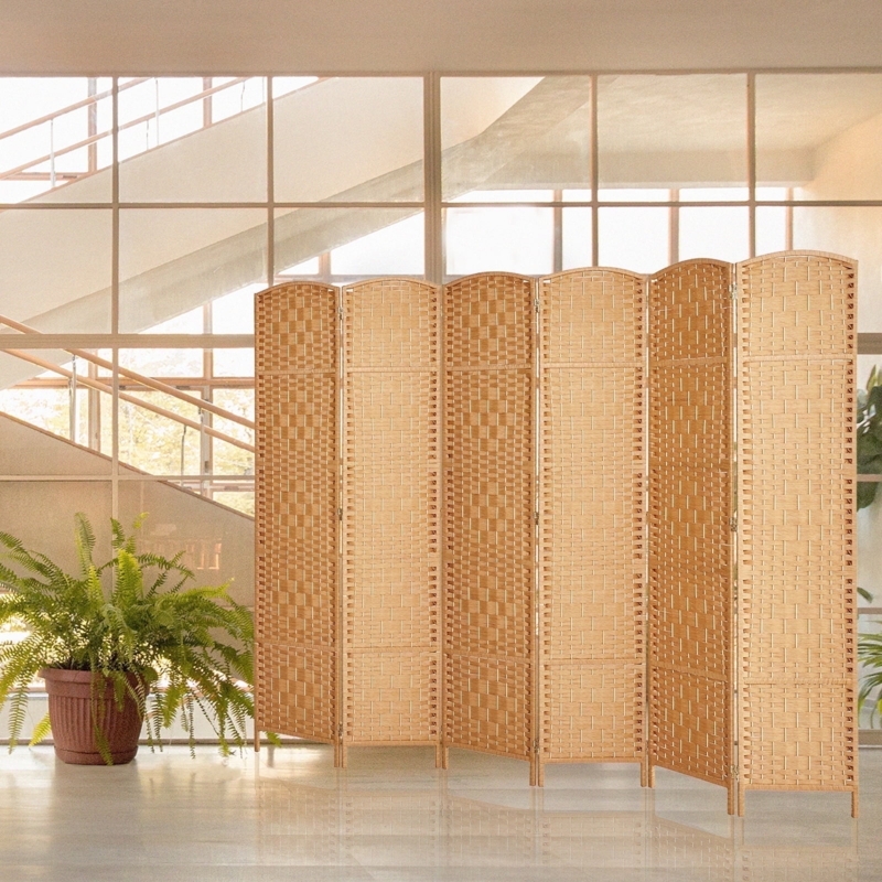 Room Divider Woven Beige Folding Screen, Six Panels, Arched Tops