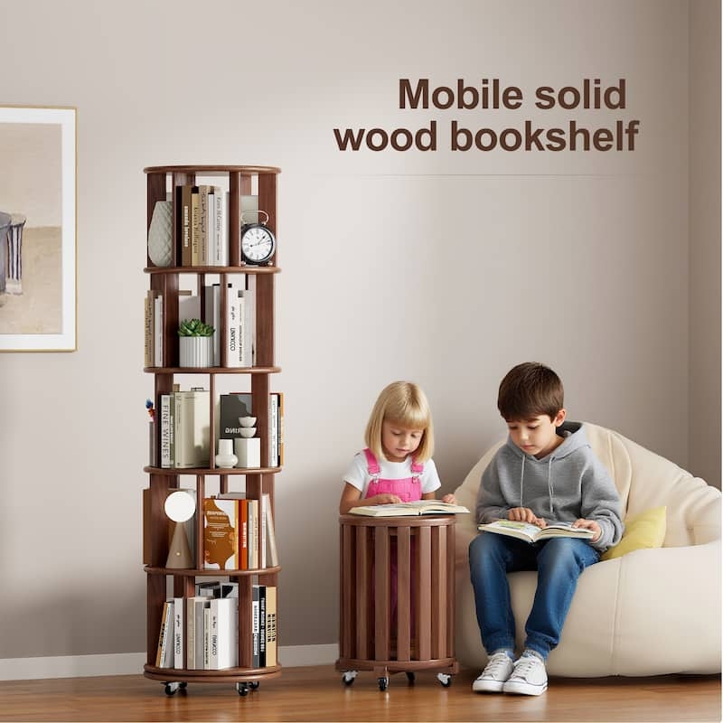 Rotating Bookshelf Slatted Sides Locking Casters Walnut Five Tier