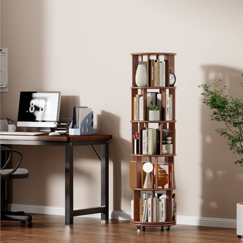 Rotating Bookshelf Vertical Tower 360 Spinning Locking Casters Walnut