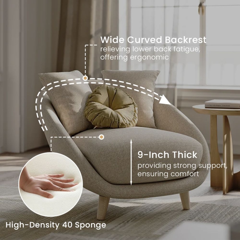 Round Barrel Chair Linen Like Upholstery Wood Legs Scandinavian