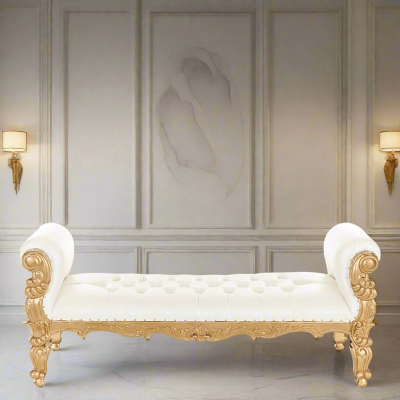 Royal Bedroom Bench with Scrolled Bolster Ends and Ornate Carved Frame