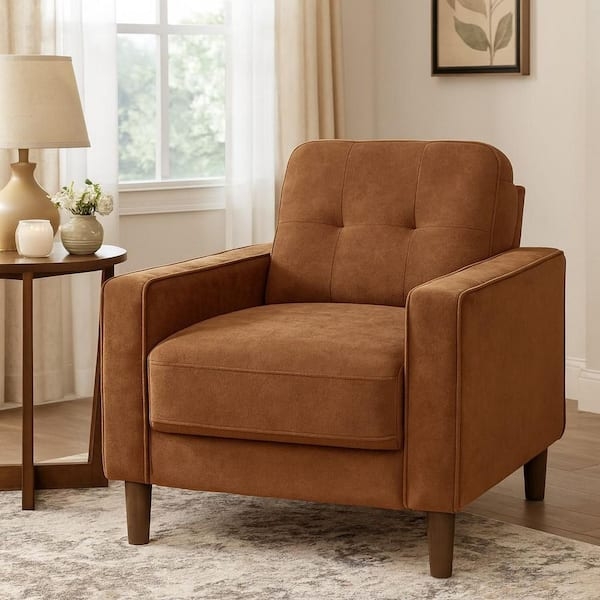 Rust Upholstered Accent Chair with Track Arms and Wood Legs