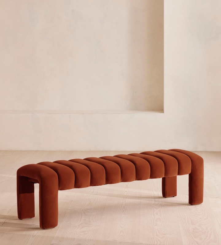 Rust Velvet Channel Tufted Bench with Pill-Shaped Silhouette