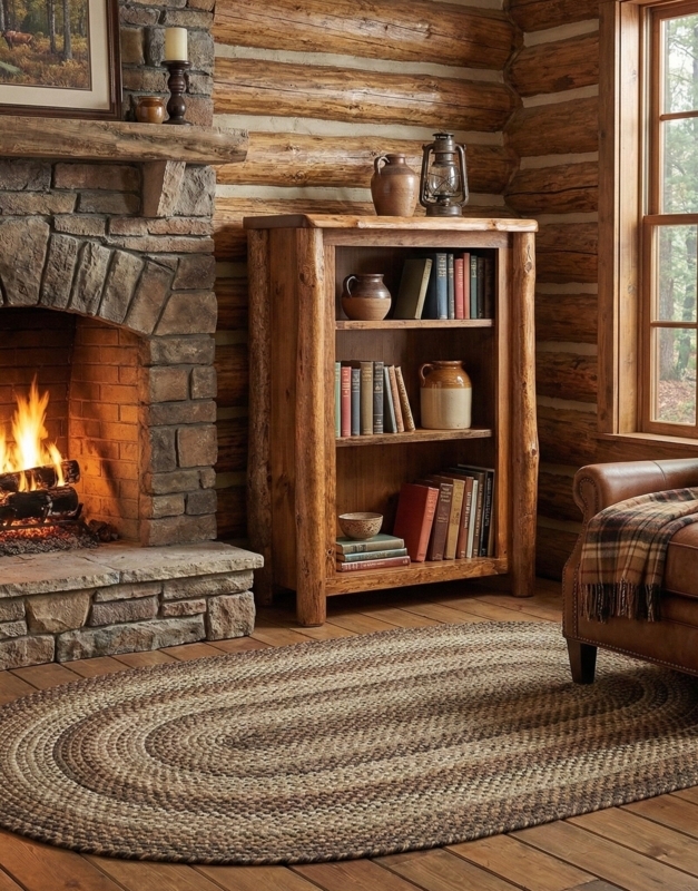 Rustic Bark-On Log Bookshelf with Three Open Tiers