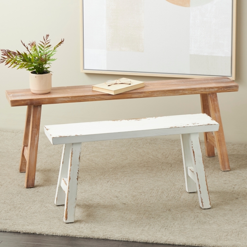 Rustic Bench Set Nested Distressed Wood Farmhouse Entryway Seating