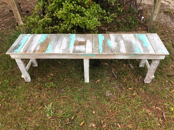 Rustic Bench with Turquoise Accents and Reclaimed Wood Look