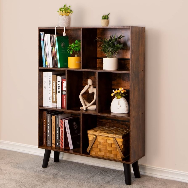 Rustic Brown Bookcase with Asymmetric Cube Storage
