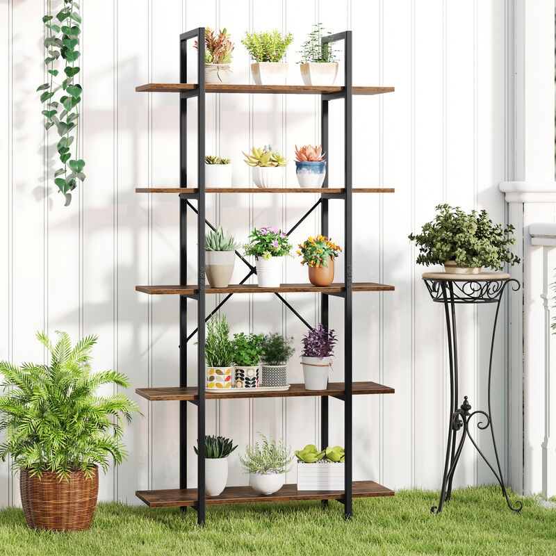 Rustic Brown Bookshelf, 5-Tier Industrial Metal X-Brace.
